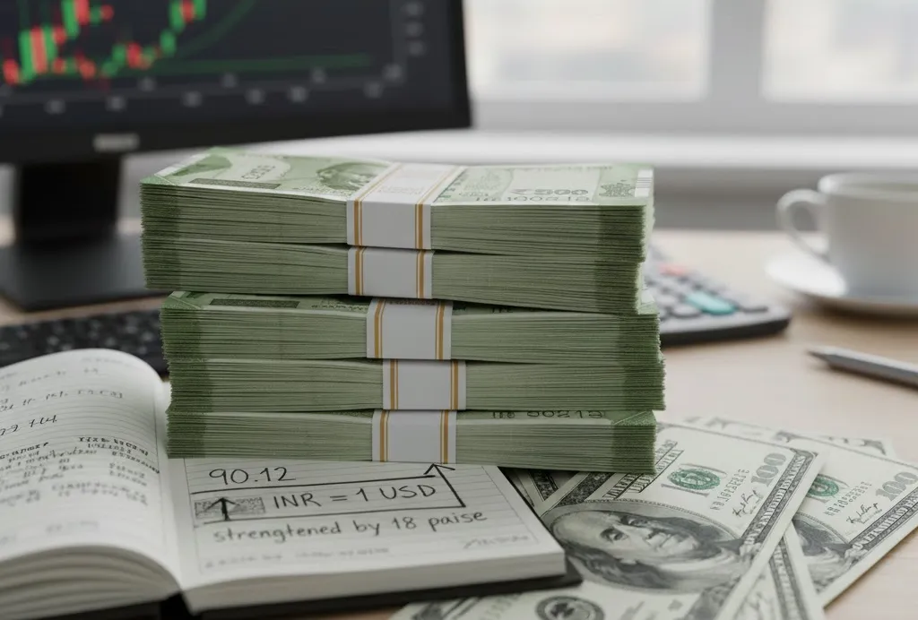 The rupee strengthened by 18 paise to trade at 90.12 against the U.S. dollar in early market hours.