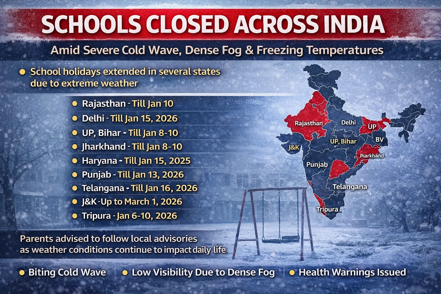 "Schools Closed in Delhi, UP, Bihar and Other States Amid Severe Cold Wave – Full List Inside"