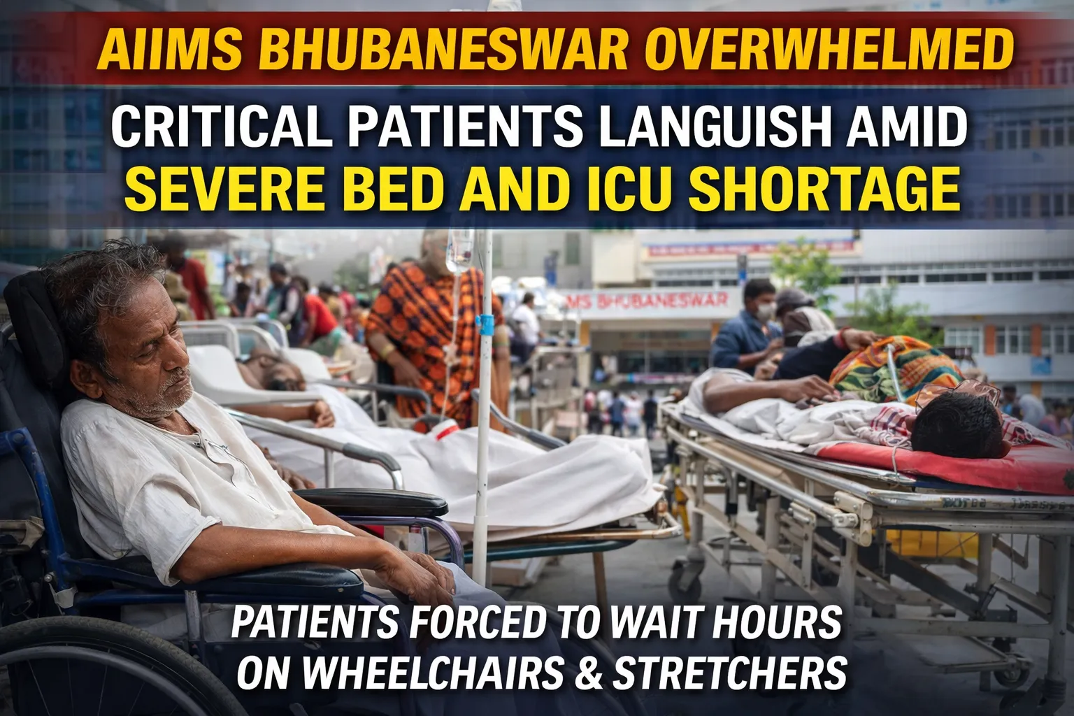 AIIMS Bhubaneswar faces severe bed and ICU shortages, forcing critically ill patients to wait hours on wheelchairs or stretchers. Rising patient inflow from Odisha and neighboring states strains hospital infrastructure.